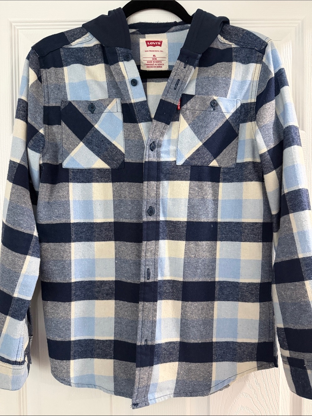 Levi's Kids Navy and Light Blue Plaid Hooded Button-Down Shirt